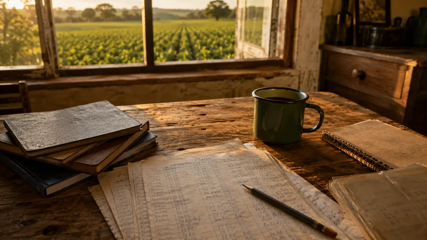 Cadernos de anotação e planilhas manuscritas sobre mesa de madeira na sede de uma fazenda